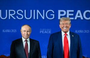 Trump-Putin Summit Ends Without Ukraine Deal President Donald Trump and President Vladimir Putin seated at a conference table during the 2025 Russia–United States Summit in Alaska.