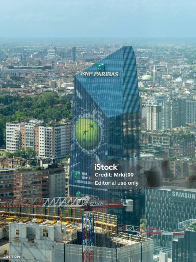 Bnp Paribas Headquarters Tower BNP Paribas bank building exterior in Paris, France, with the company logo displayed above the entrance.