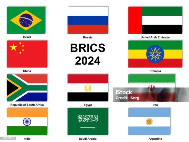 Brics Member Flags 2024 Flags of BRICS member nations displayed at a summit, representing the expanded economic alliance.