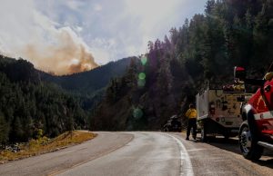 Cal Fire Director Tyler Sees Palisades, Eaton Fires Contained Firefighters battle a wildfire in a California forest, with smoke rising above trees and containment lines visible in the foreground.