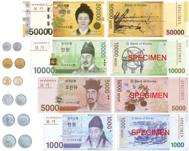 South Korean Won Hits Two-Year Low After Martial Law Declaration South Korean won banknotes and coins arranged on a table, with a stock market chart showing a sharp decline in the background.