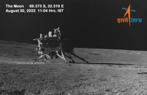 India Lands Chandrayaan-3 on Moon’s South Pole ISRO's Chandrayaan-3 lunar lander Vikram descends toward the Moon's South Pole surface for a historic soft landing.