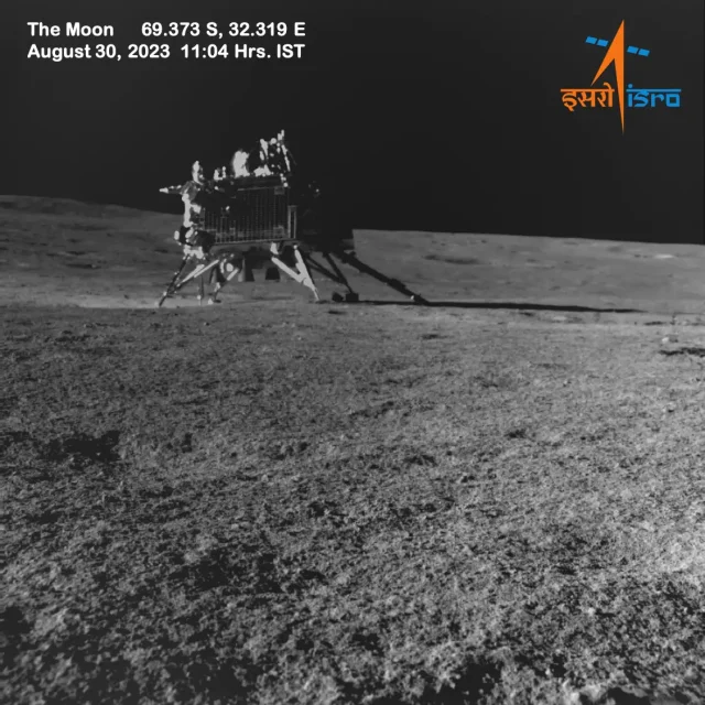 India's Chandrayaan-3 Achieves Historic Soft Landing Near Moon's South Pole ISRO's Chandrayaan-3 lunar lander Vikram descends toward the Moon's South Pole surface for a historic soft landing.