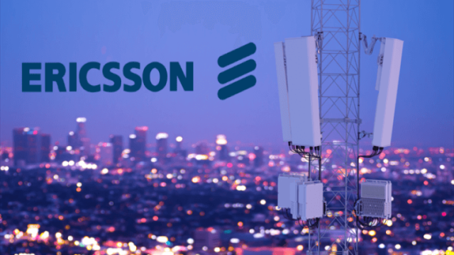 Ericsson 5G Infrastructure Sweden 2023 Ericsson logo displayed on a modern telecommunications building with 5G network towers in the background.