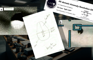 FBI Releases UAP Image to AARO Office Monochrome still image with crosshair reticle and small dark irregular object near center, released by FBI to AARO