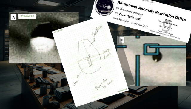 Fbi Uap Photo Aaro Release Monochrome still image with crosshair reticle and small dark irregular object near center, released by FBI to AARO