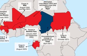 Niger Coup Expands Africa’s Coup Belt Coast to Coast African soldiers guard a government building after the 2023 Niger coup, symbolizing the widening Coup Belt across West and Central Africa.