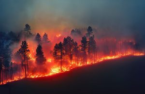 Wildfires Followed by Floods to Surge 8-Fold in US West A burned hillside with scorched trees and mud flowing down a slope after a rainstorm