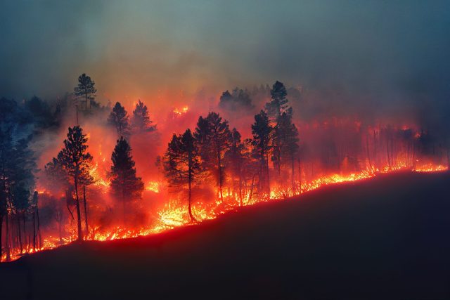 Wildfire Flames A burned hillside with scorched trees and mud flowing down a slope after a rainstorm