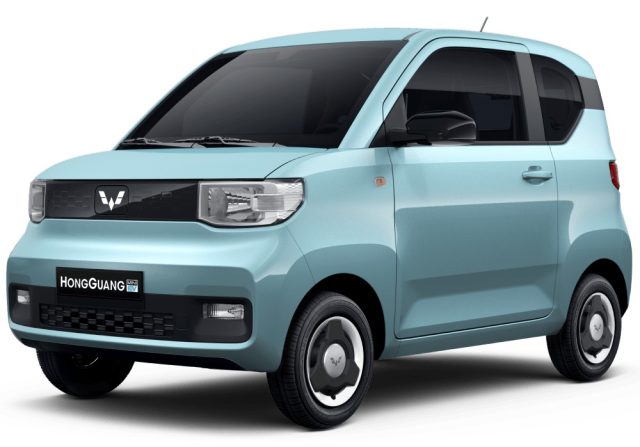 Wuling Hongguang Mini Ev Blue Compact Wuling Hongguang Mini EV parked on a city street, showcasing its small electric design for urban commuting.